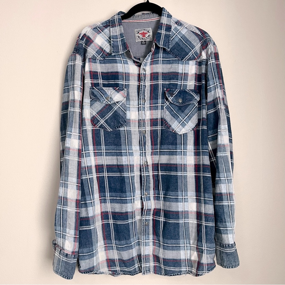 Men’s Blue & Red Plaid Pearl Snap Button Shirt XL Rugged Western Urban Cowboy